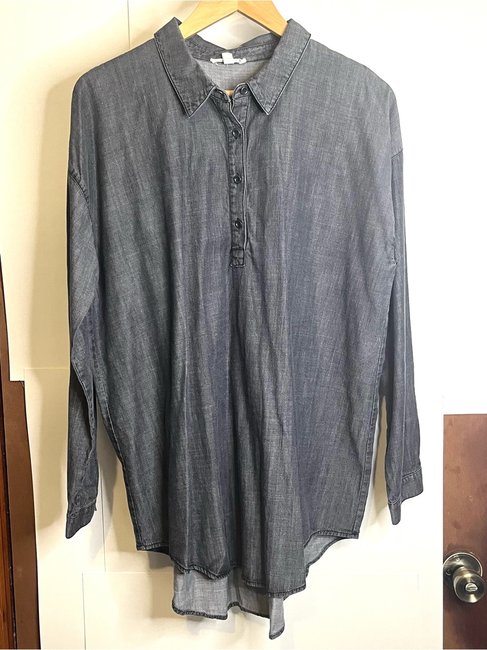 Eileen Fisher Women’s L Gray Organic Cotton Tencel Denim Popover Shirt Tunic
